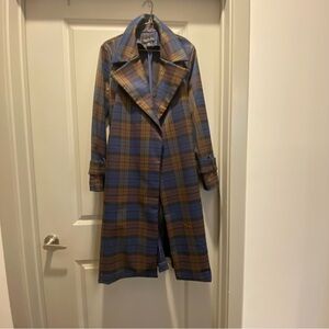 Rachel Zoe Blue and Brown Plaid Trench Coat